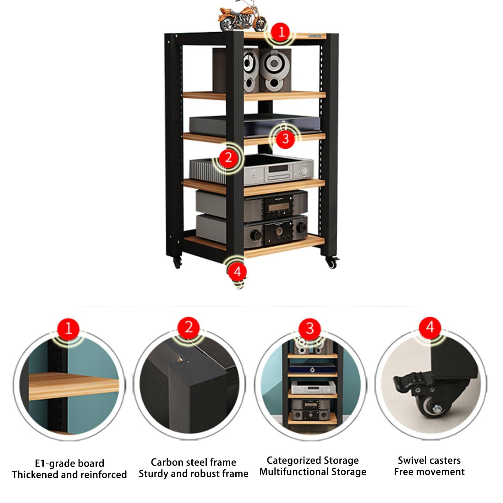 Wieża do Stojaków Audio, Gramofon CD, Odbiornik Stereo, Szafka na Sprzęt AV, Stojaki I Stojaki Stereo z Kółkami, Stojak Stereo do Domu, Biura, Teatru(Brown,3 tier 64cm/25.1in)