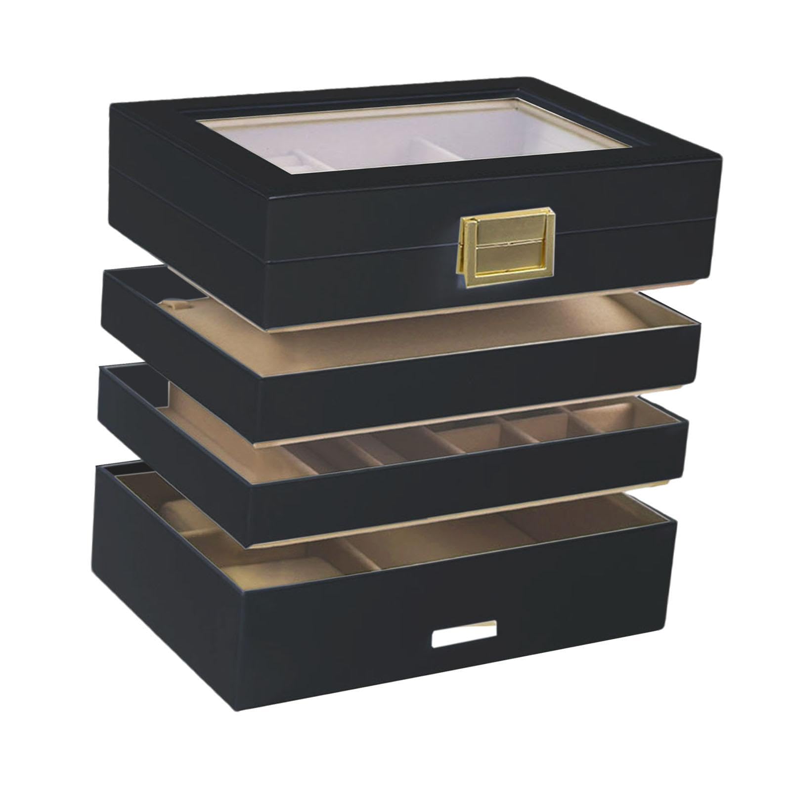 Portaoggetti Gioielli Custodia Gioielli Vassoio Gioielli Box Espositore Multi Scomparti Sovrapponibile Pelle PU Protezione Morbida Adatta per Donne AR, Nero