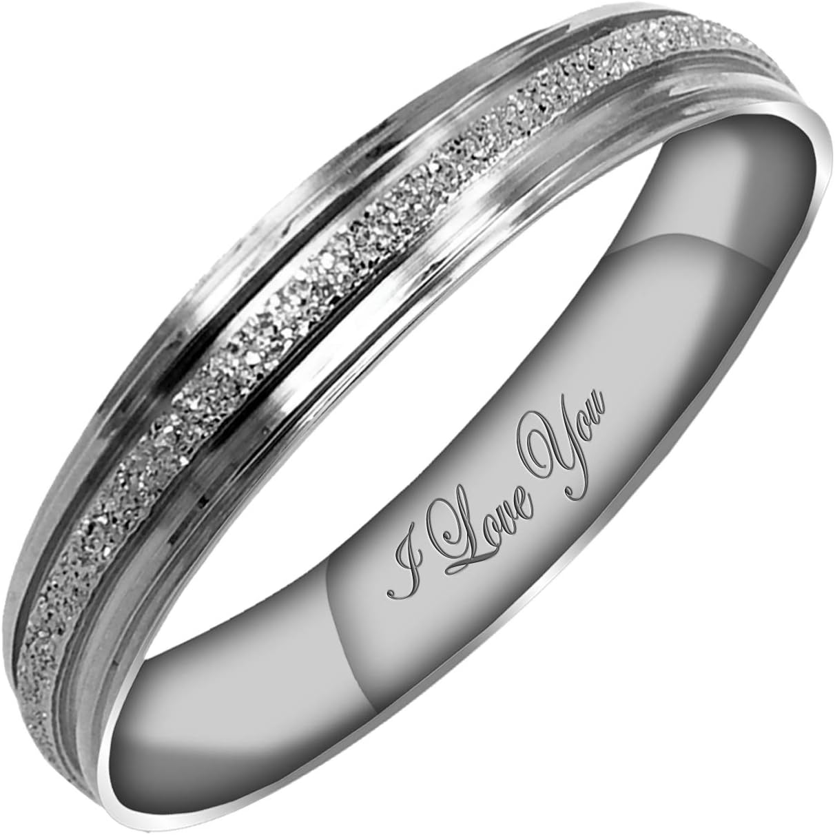 Everstone Women's Sparkle 4MM & 6MMFlat Promise Ring Wedding Bands Titanium Ring Color: Platinum Engraved I Love You