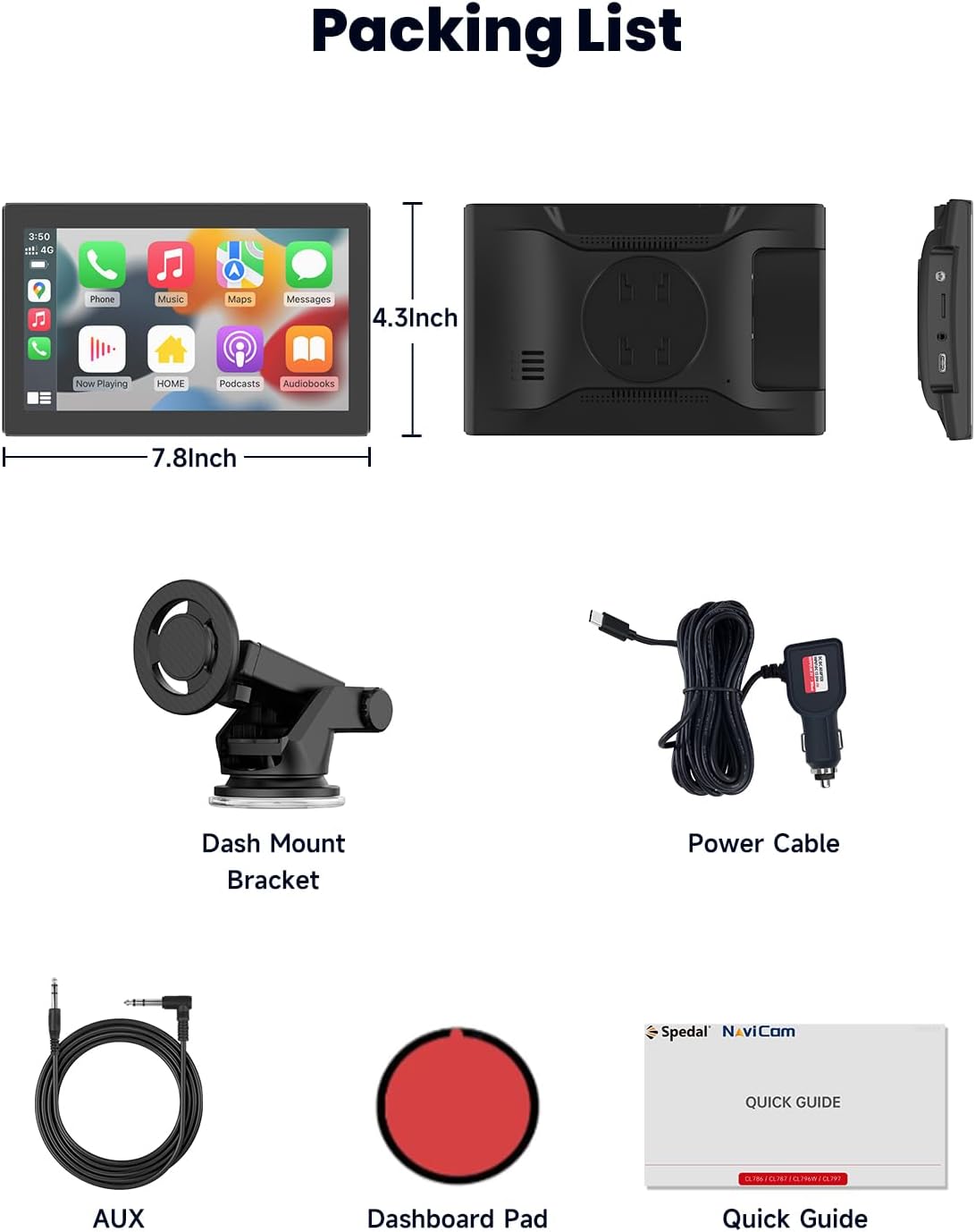 Contents of the Spedal CL798 box including the screen, magnetic mount, power adapter, user manual, and AUX cable.