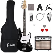 Fojill Full Size 4 Four String Electric Bass Guitar 20W Watt Amplifier Amp Right Hand Beginner Starter Kit Set Combo Bundle Accessory Gig Bag,Strap,Picks,Capo,Noiselss Cable,Strings Black