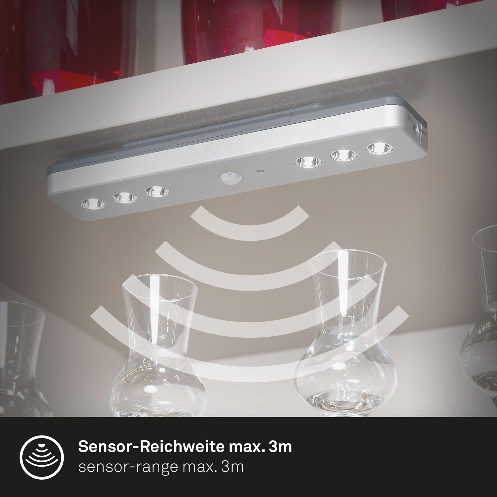 Diagram showing the Briloner 2268-061 LED light with curved lines indicating a motion sensor range of up to 3 meters