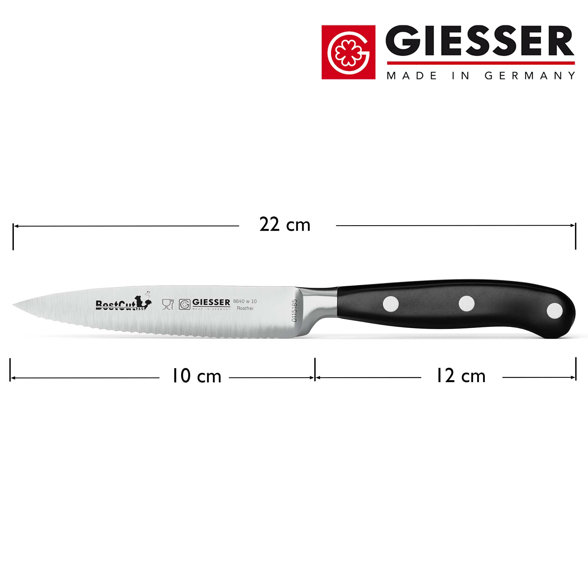 Giesser seit 1776 - Made in Germany - scharfes Officemesser geschmiedete 10 cm Wellenschliff BestCut, hitzebeständig, schwarz, deutsches Spickmesser spülmaschinengeeignet, rostfrei, 8640-w-10