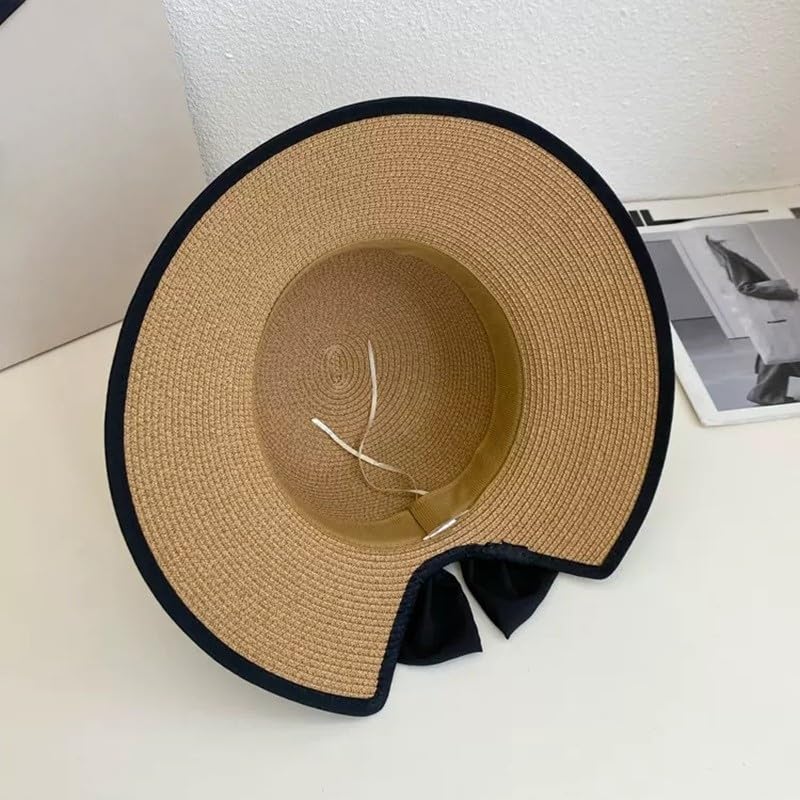 Sombrero de Paja Transpirable para Mujer,Sombrero de Verano de ala Ancha con Protección UV y Lazo Decorativo,Sombrero de Playa Ligera para Vacaciones,Viajes y Actividades Al Aire Libre
