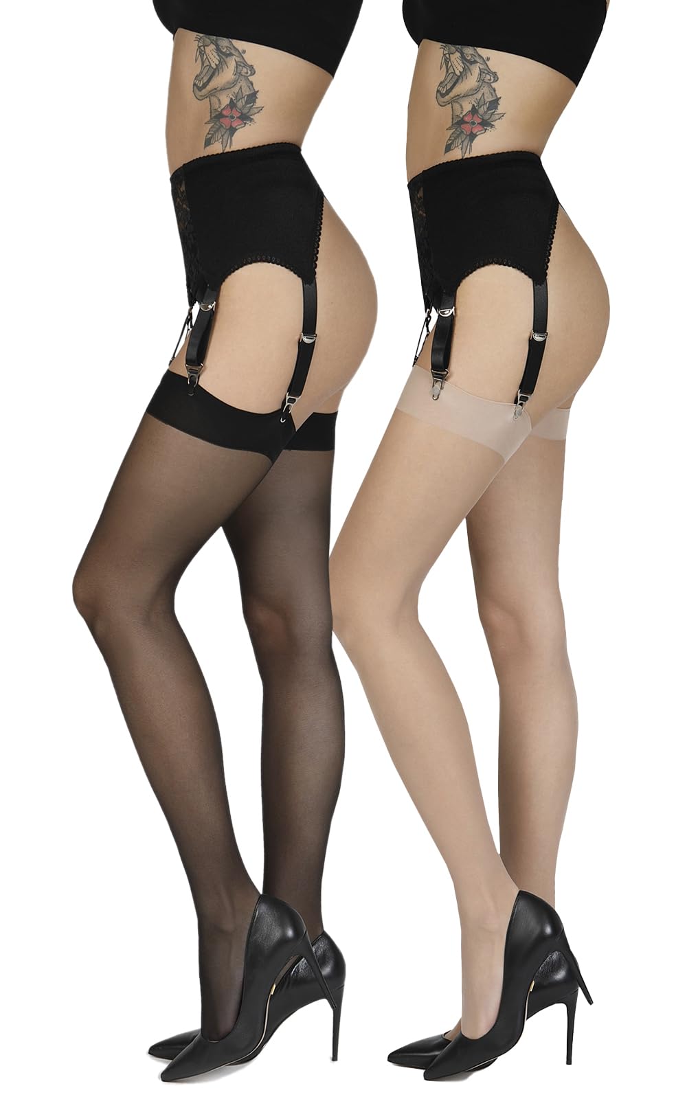 Annes Styling Women's 2Pk Nero/Visone Plain Thin Suspender Stockings For Suspender Tights For Garter Belt 20 Den Plain Top Sheer Stockings, Nero & Xs/S, 2-Pack