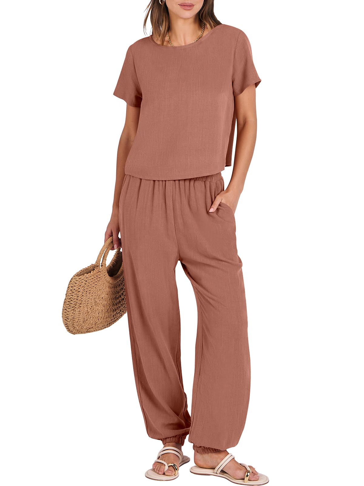 Photo 1 of ANRABESS Womens 2 Piece Sets Short Sleeve Crop Top & Wide Leg Pants Casual Linen Lounge Macthing Set 2024 Summer Beach Travel Outfits Trendy Clothes 1504xiuhong-S, Small, Rust