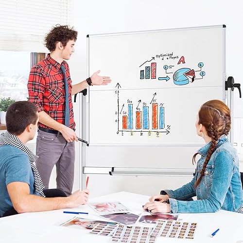 Miniatura 2 de VIZ-PRO Pizarra blanca móvil de doble cara, 48 x 48 pulgadas, pizarra blanca magnética de borrado en seco sobre ruedas con marco de aluminio y