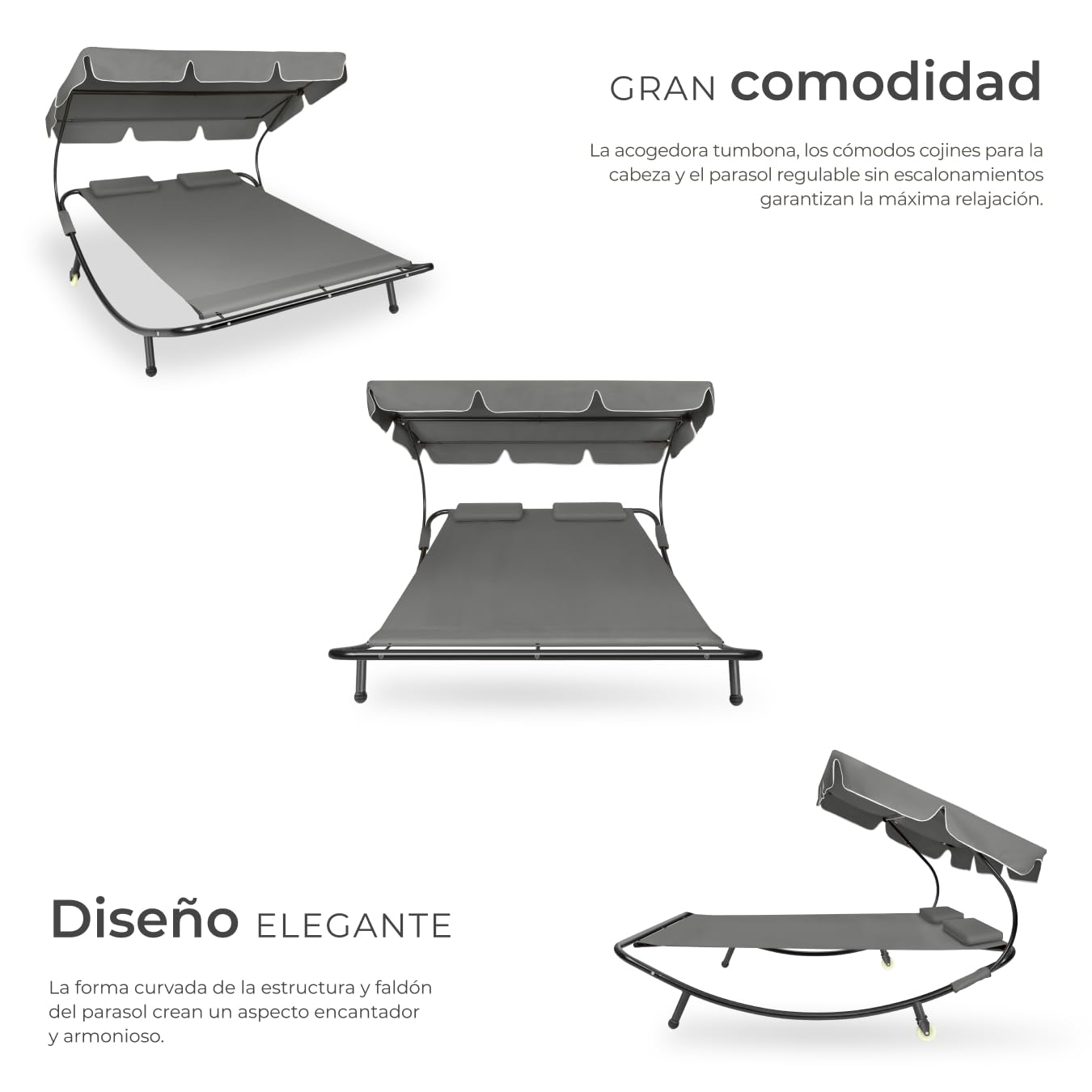 tectake® Tumbona Doble de Jardín, Tumbona de Playa con Parasol Plegable, Tumbonas de Piscina para Dos, para Jardín Exterior con 2 Ruedas y Cojines, Fácil Montaje, Interior y Exterior - Negro/Gris