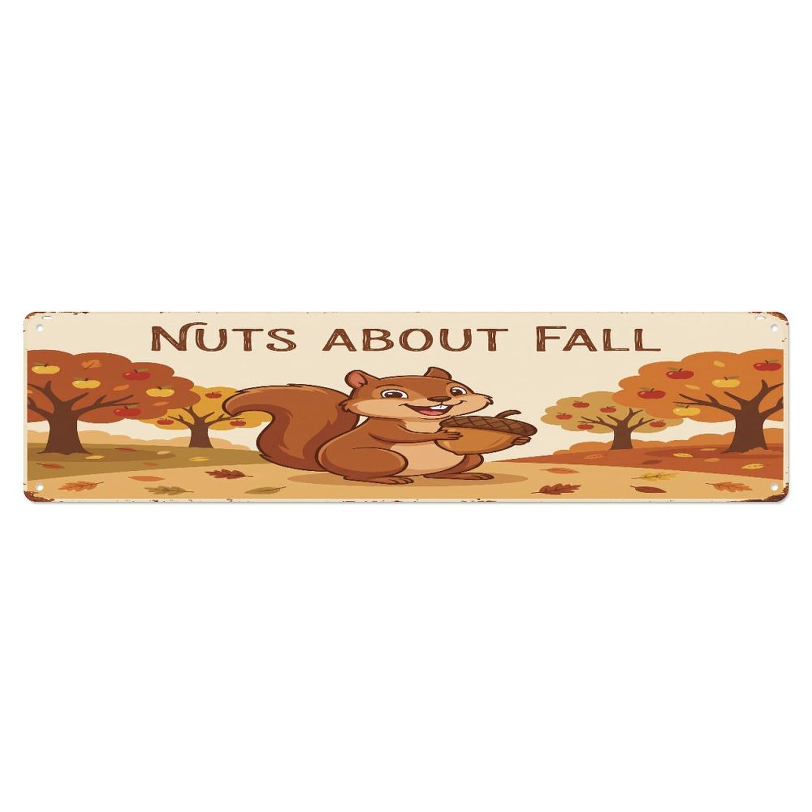 Metal Tin Sign Vintage Squirrel Farm Scene Nuts About Fall