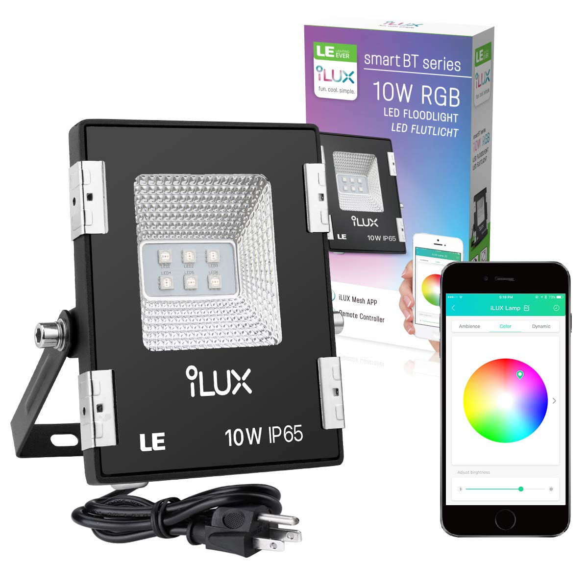LE iLUX Smart LED Flood Light, Outdoor Plug in, 10W RGB, Dimmable, IP65 Waterproof, Bluetooth Remote Control for iOS and Android, Color Changing with Music, Floodlight for Home, Garden, Balcony, Tree