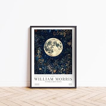 William Morris Full Moon Print, William Morris Exhibition Poster, Moon Phases Stars Art Nouveau Minimalist Home Decor Wall Art Print, Minimalist Modern Living Room Decor A4 - FRMAED Black