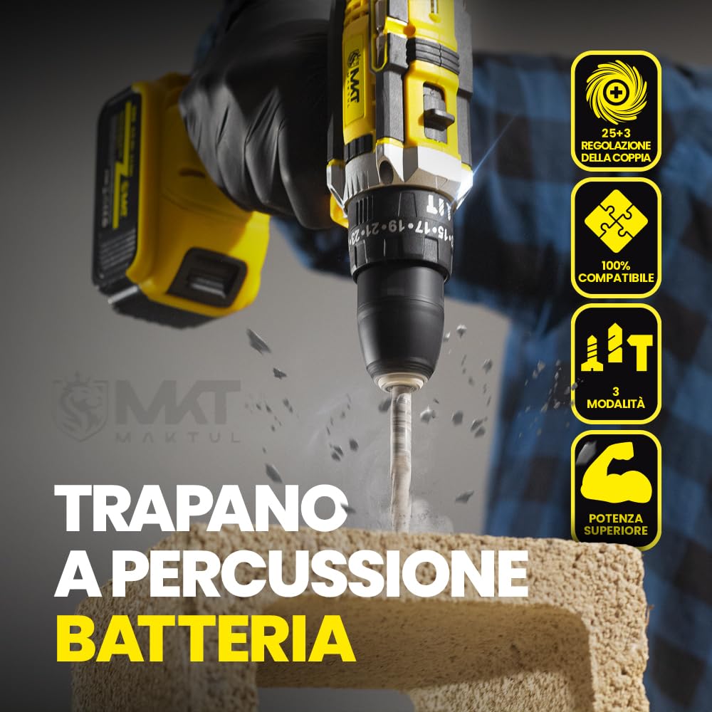 MAKTUL Trapano Avvivatore a Percussione Batteria Potente 2x4000mAh 20V Drill Elettrico Multifunzione Senza Fili con Accesori Fai Da Te 100% Compatibile, Luce Livello Regolazione Coppia, 2 Velocità