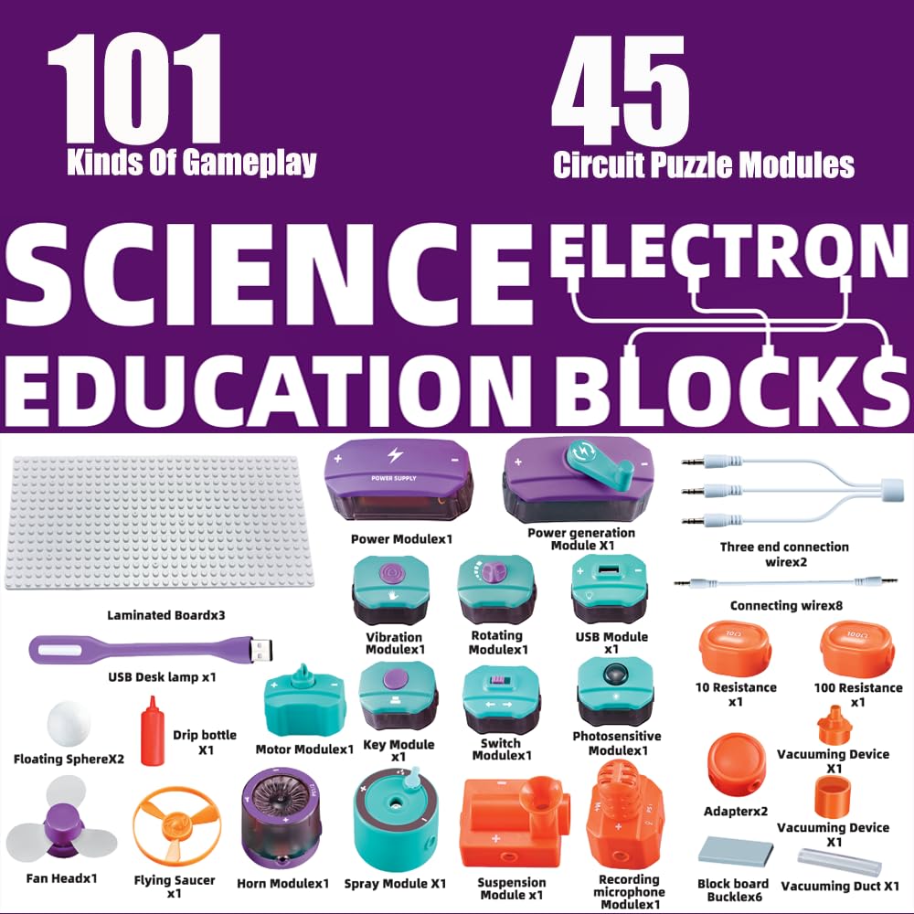Set di circuiti elettronici con 45 blocchi di circuiti, 101 esperimenti per imparare l'elettricità,kit per l'esplorazione dell'elettronica fai da te, Giocattoli educativi STEM per bambini età 3+