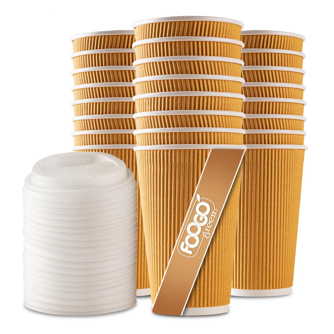 FOOGO Green 300pcs 16oz Disposable Strong Triple-Wall Brown Paper Coffee Cups with Secure Lids, FSC® Certified, Fully Compostable, for Hot Drinks, Takeaway and Parties — image 1