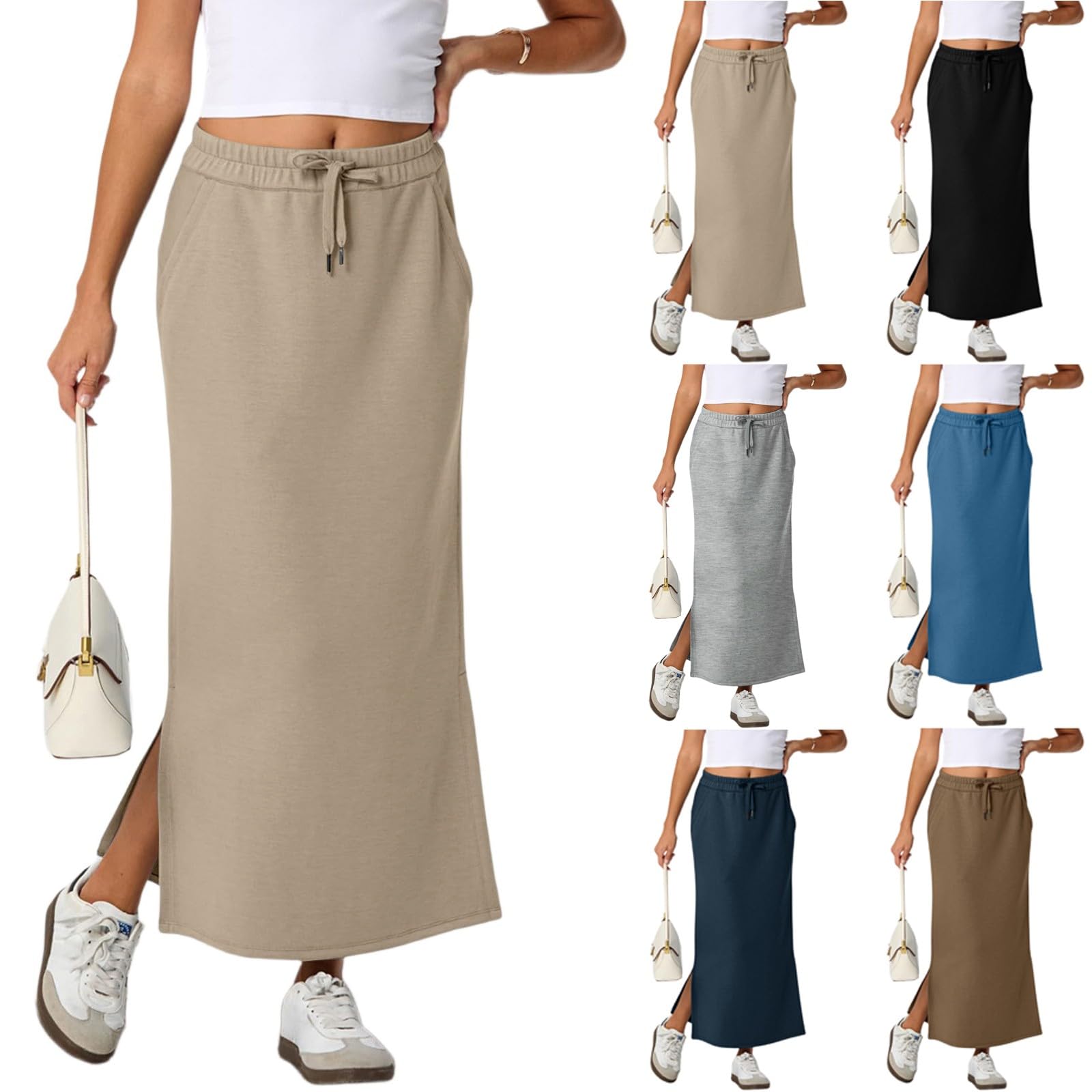 Maxi Skirts for Women Lounge High Waisted Maxi Skirt Elegant Comfy Drawstring Side Slit Pencil Skirt with Pockets