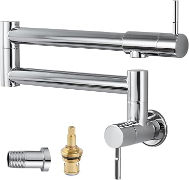 Pot Filler Faucet Wall Mounted Folding Stretchable Kitchen Sink Water Tap with Double Joint Swing Arm Single Hole Two Handles Restaurant Kitchen Faucets, Polish Chrome, Level Handle