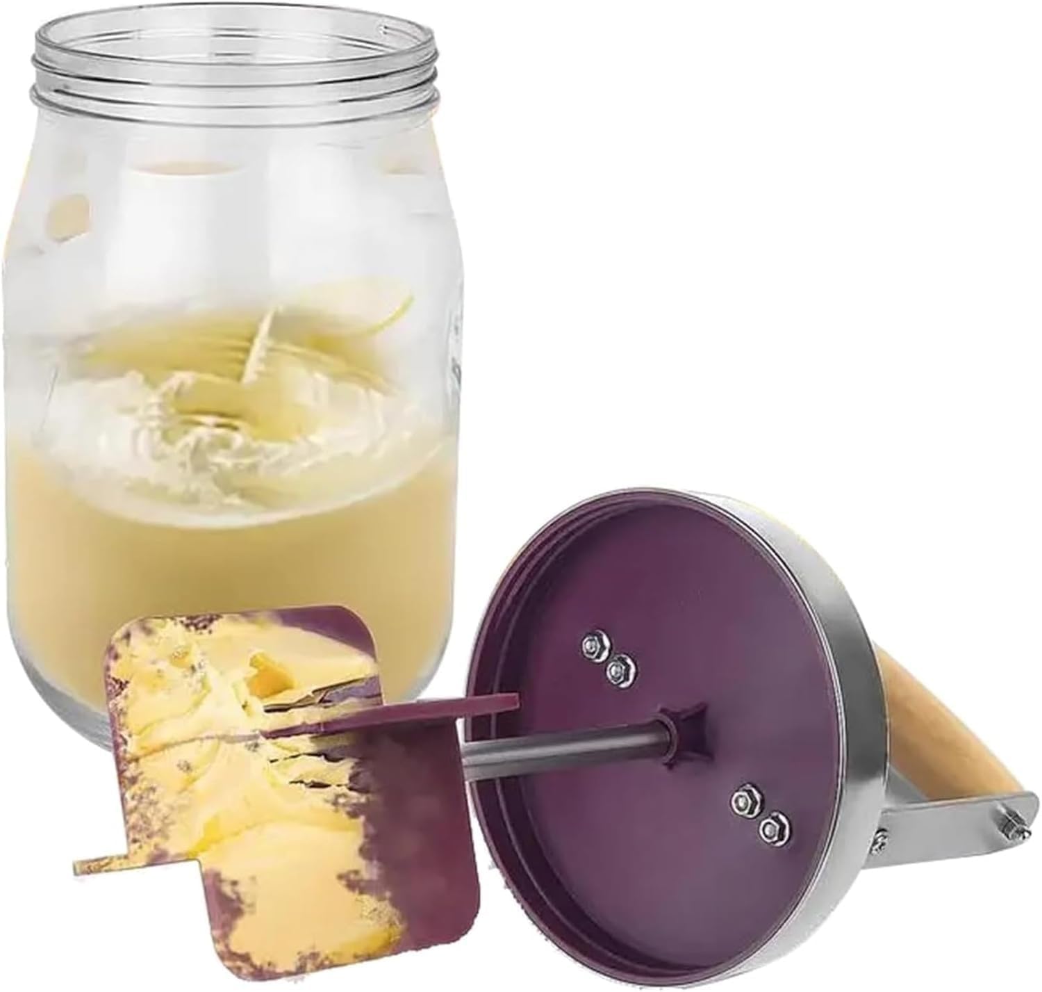 Hand Crank Butter Churner, Churn Washable Butter Maker, with Glass Jar & Wooden Handle, Stainless Steel Paddle, for Home Kitchen Restaurant Baking(1500ml)