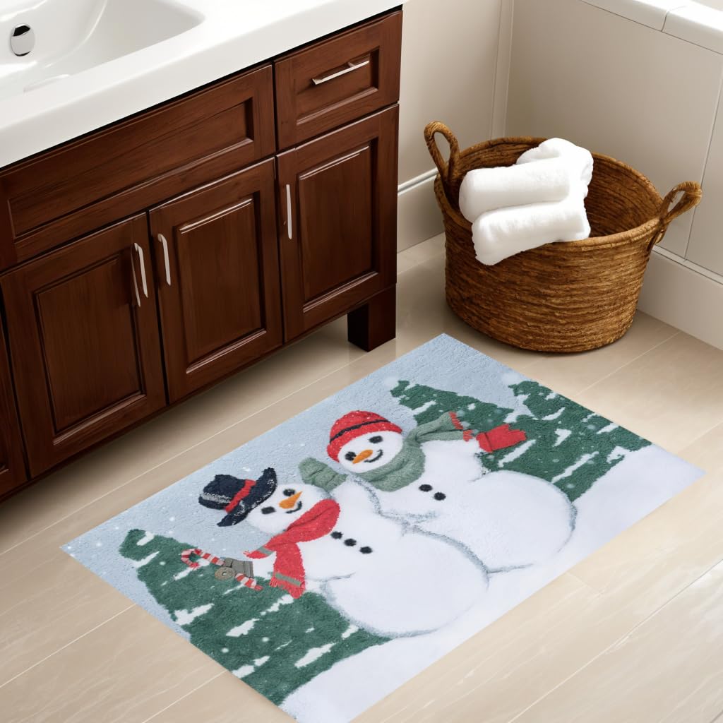 St. Nicholas Square Christmas Holiday Bath Rug,Soft and Absorbent Polyester Pile,20x30 Inches,Snowman Couple Winter Scene Design for Indoor Use,Home