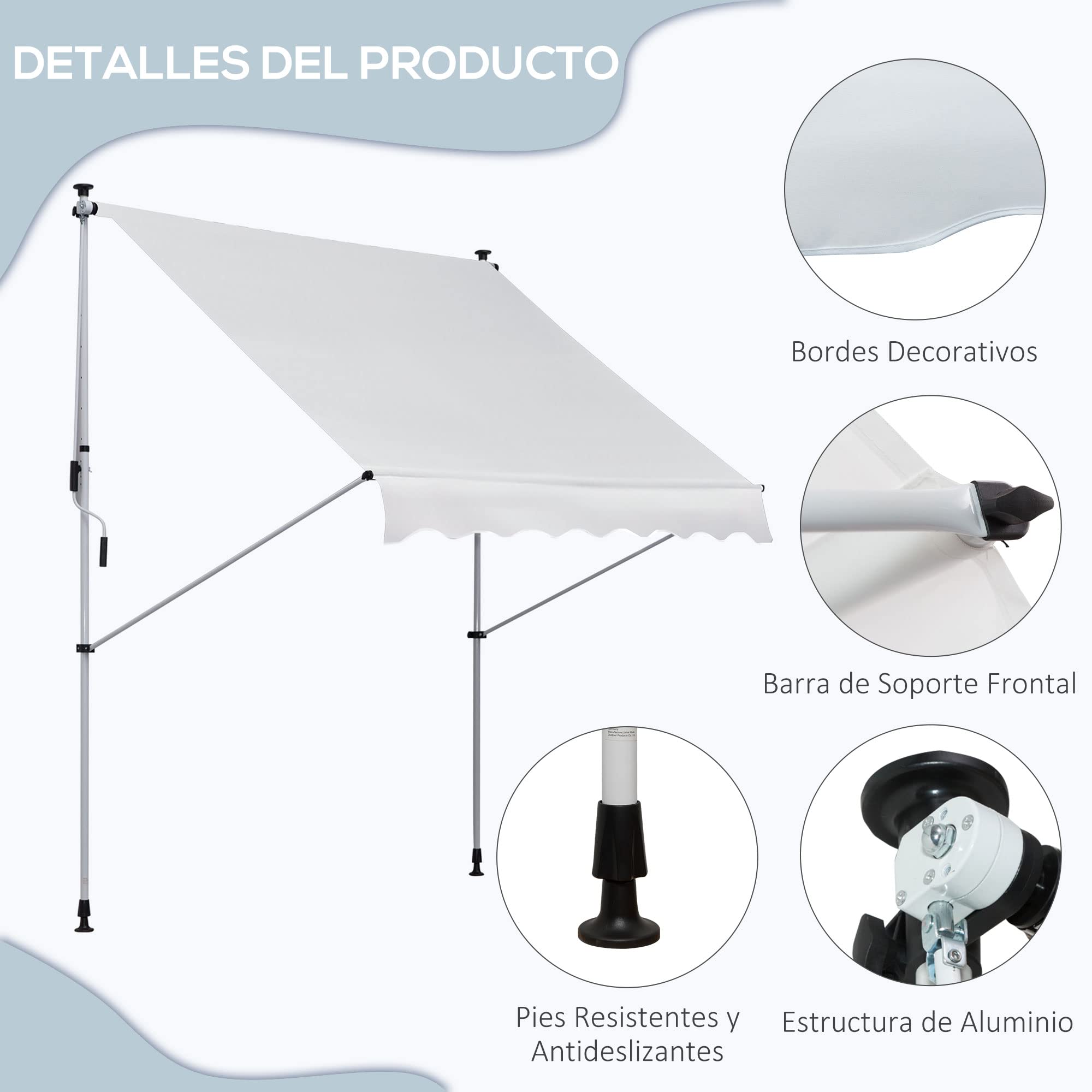 Outsunny Toldo Manual Retráctil 2x1,5 m Altura Ajustable Blanco | 170-280 cm, Toldo Exterior Terraza Enrollable, con Manivela, Anti-UV e Impermeable, Sin Taladro, para Balcón, Jardín