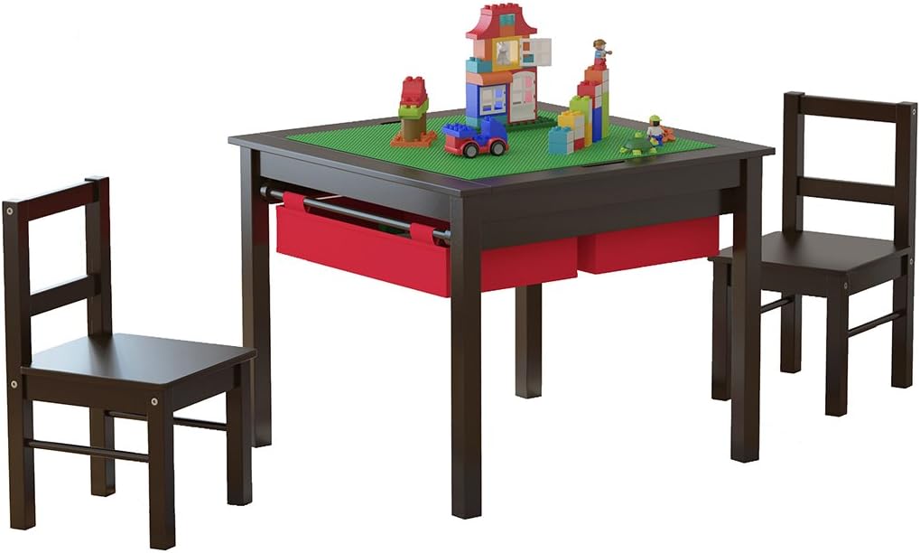 Wooden 2 in 1 Kids Construction Play Table and 2 Chairs Set with Storage Drawers, and Built in Plate Compatible with Lego and Duplo Bricks(Espresso with Red Drawers)