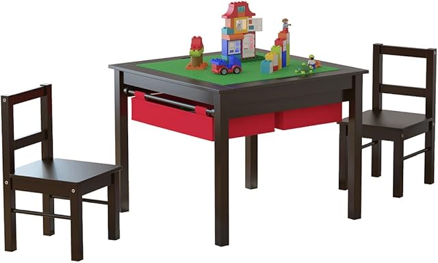 UTEX Wooden 2 in 1 Kids Construction Play Table and 2 Chairs Set with Storage Drawers, and Built in Plate Compatible with Lego and Duplo Bricks(Espresso with Red Drawers)