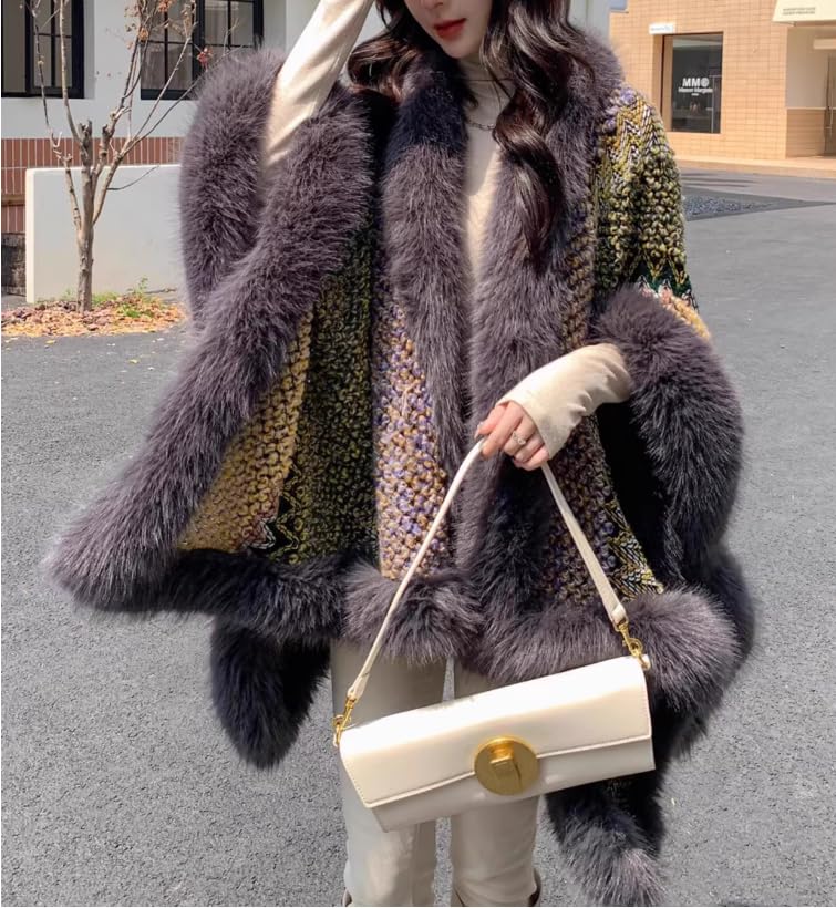 CAPE- Thick Warm Cashmere Wool Shawl Pashmina For Women Fox Fur Trimmed Ethnic Style Printed Wrap Poncho (Grey, One Size)2