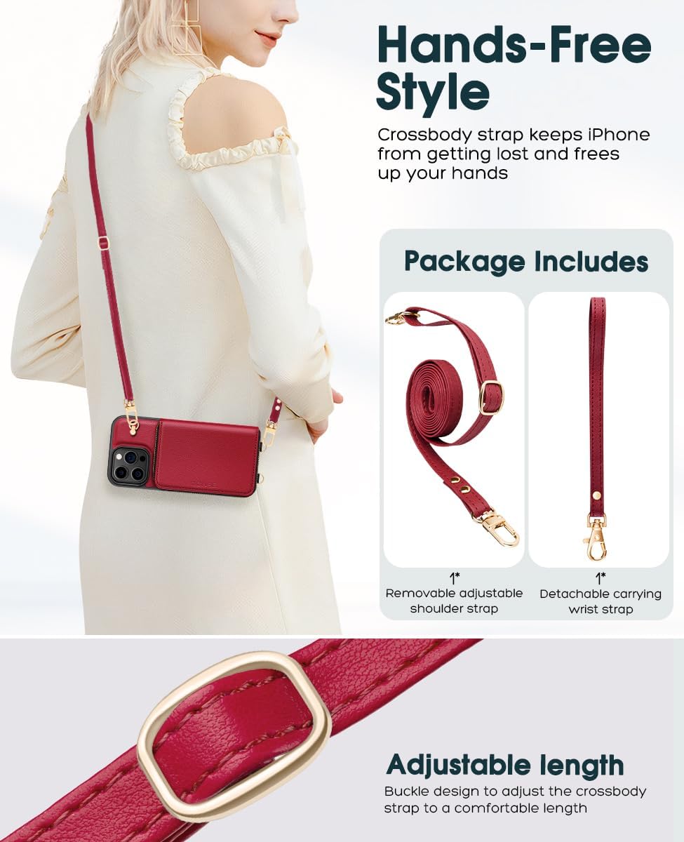 OCASE Compatible with iPhone 16 Pro Max Crossbody Wallet Case with Card Holder, PU Leather Zipper Handbag Phone Purse with RFID Blocking Kickstand Wrist Strap Lanyard 6.9 Inch, Dark Red - Image 7