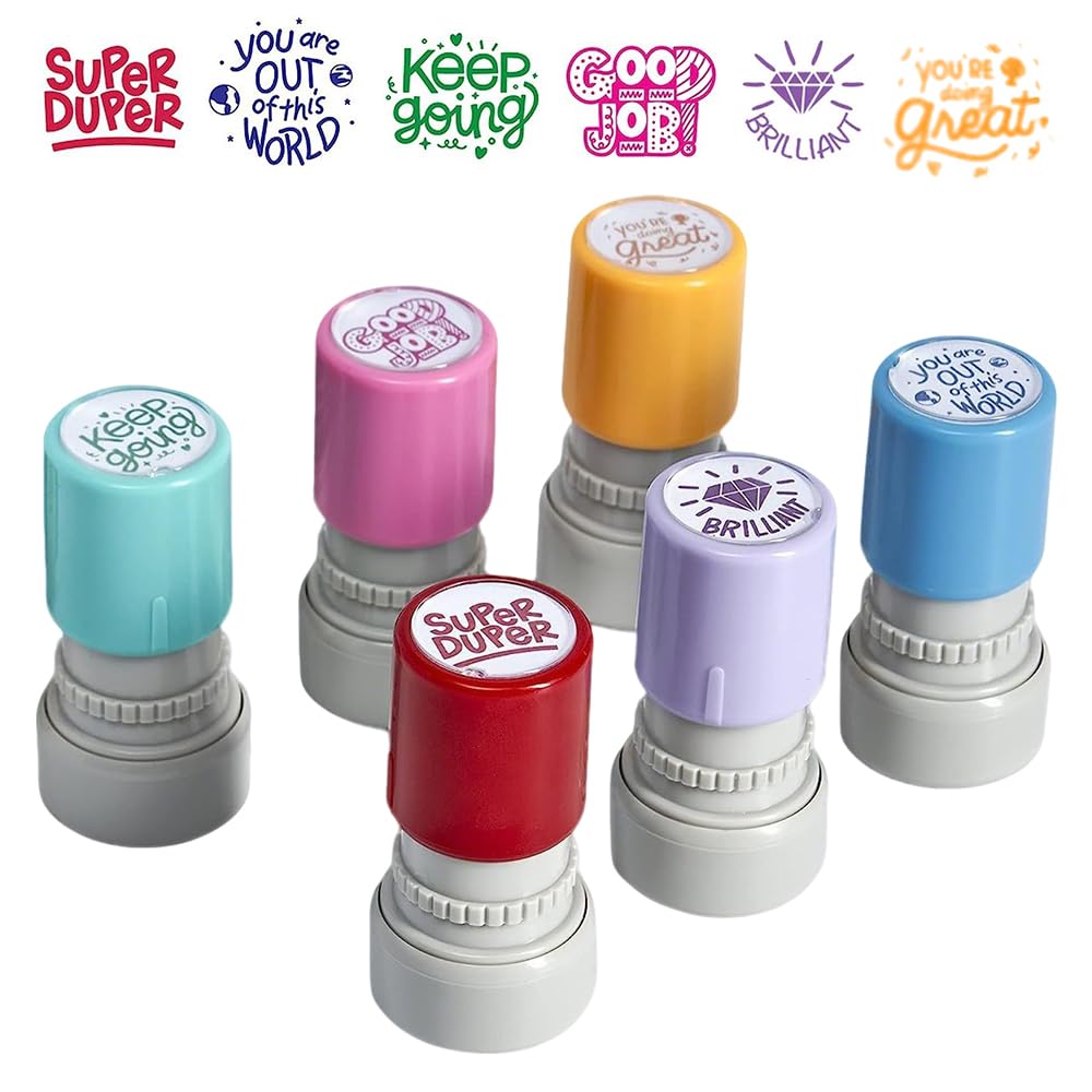 Pack of 6 Sorted Teacher Stamp, Teachers Self-Inking Rubber Stamps, Reward Stamp for Kids Education-Classroom Essentials, Teacher Review Photosensitive Behavior Stamper for Education