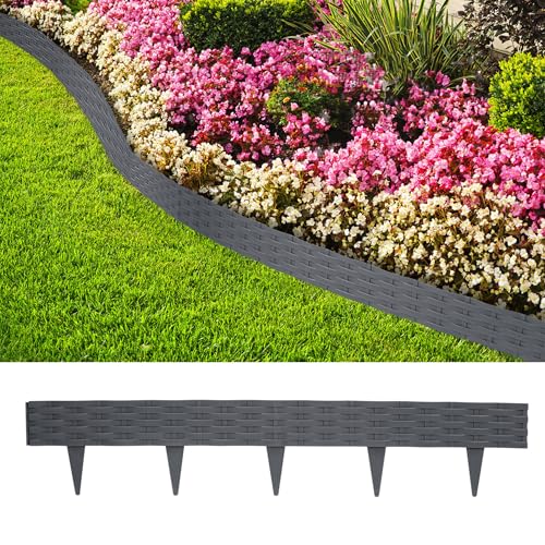 TATIVALO 10m Rasenkante Kunststoff Rattan-Optik Flexible Beeteinfassung Gartenpalisade Mähkante 10 Stück Beetbegrenzung Wetterfest & UV-beständig Anthrazit