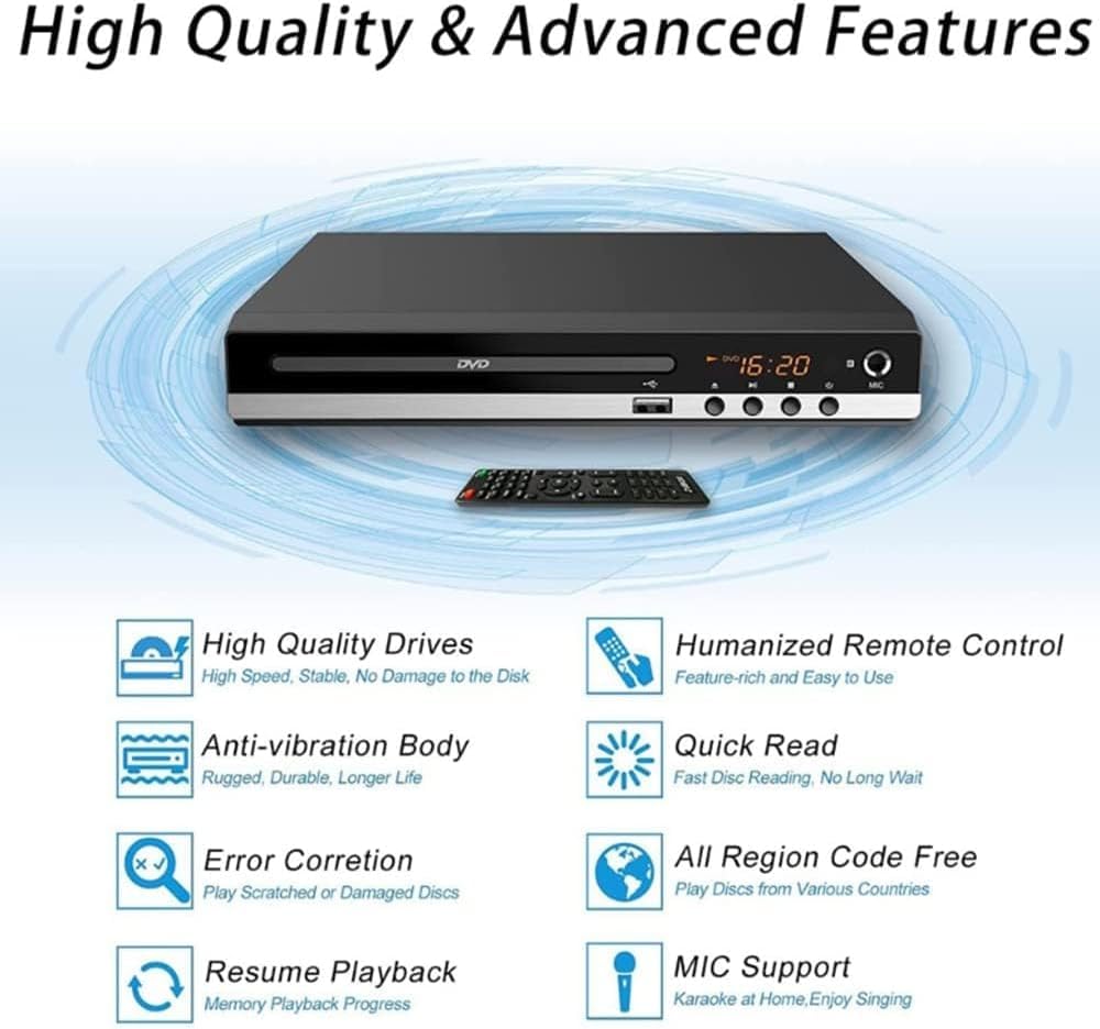 Reproductor de DVD para TV con HDMI Full HD 1080P Reproductor USB multifunción, Reproductor de CD para el hogar con Toma de micrófono, Puerto USB, AV y Puerto HDMI