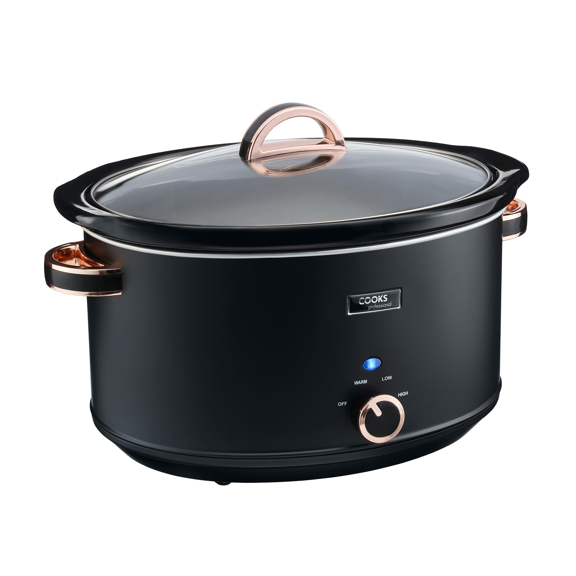 Cooks Professional Slow Cooker 8 Litre with Glass Lid, Cool Touch Handles, Dishwasher Safe Bowl, 2 Heat Settings & Keep Warm Function | X-Large One Pot Cooking Machine | Black & Rose Gold