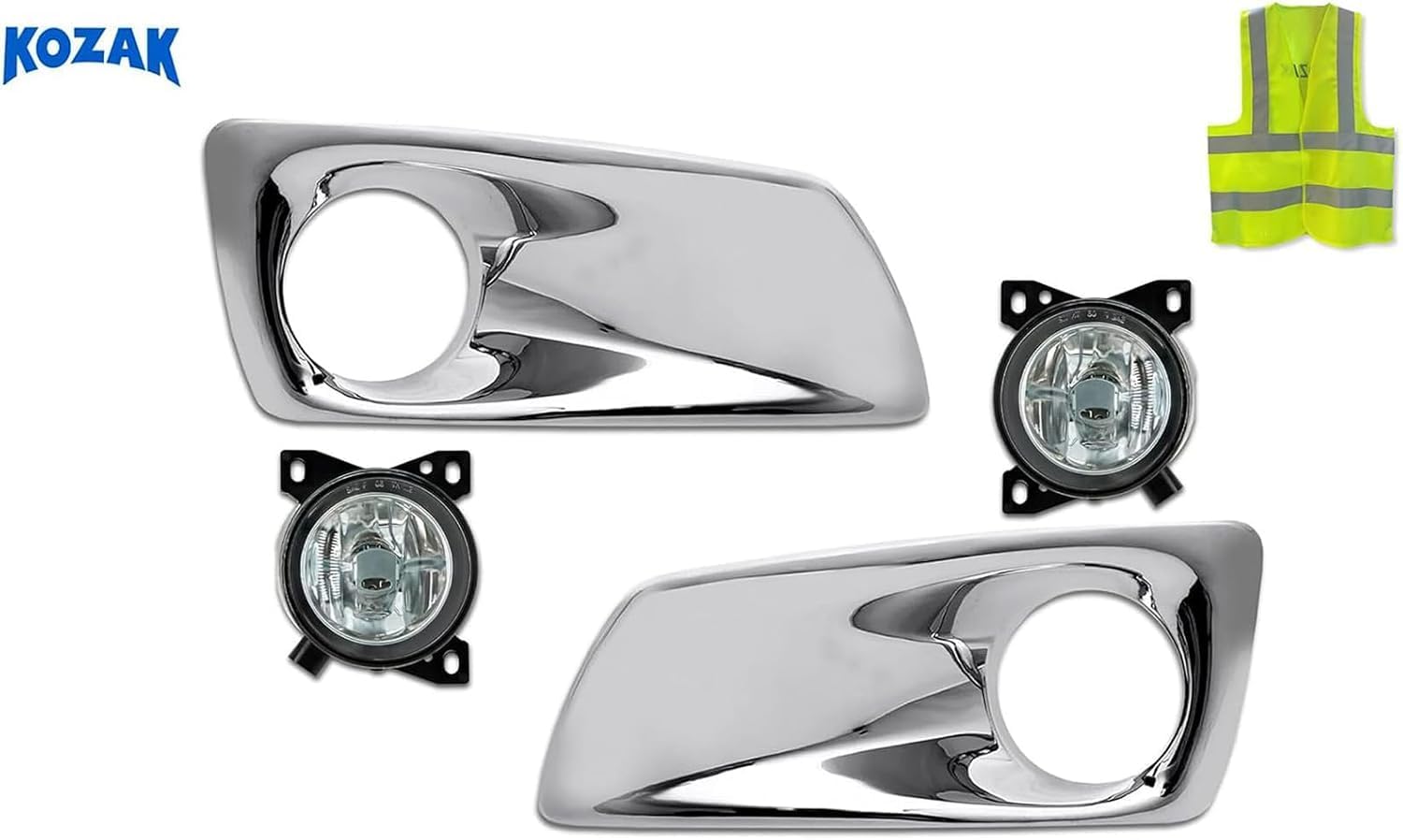 KOZAK Chrome Plastic Fog Light/Lamp Bezels and Fog Lights Lamp, Set for Right Passenger and Left Driver Side, Compatible with Kenworth T660, Includes Logo and Reflective Vest