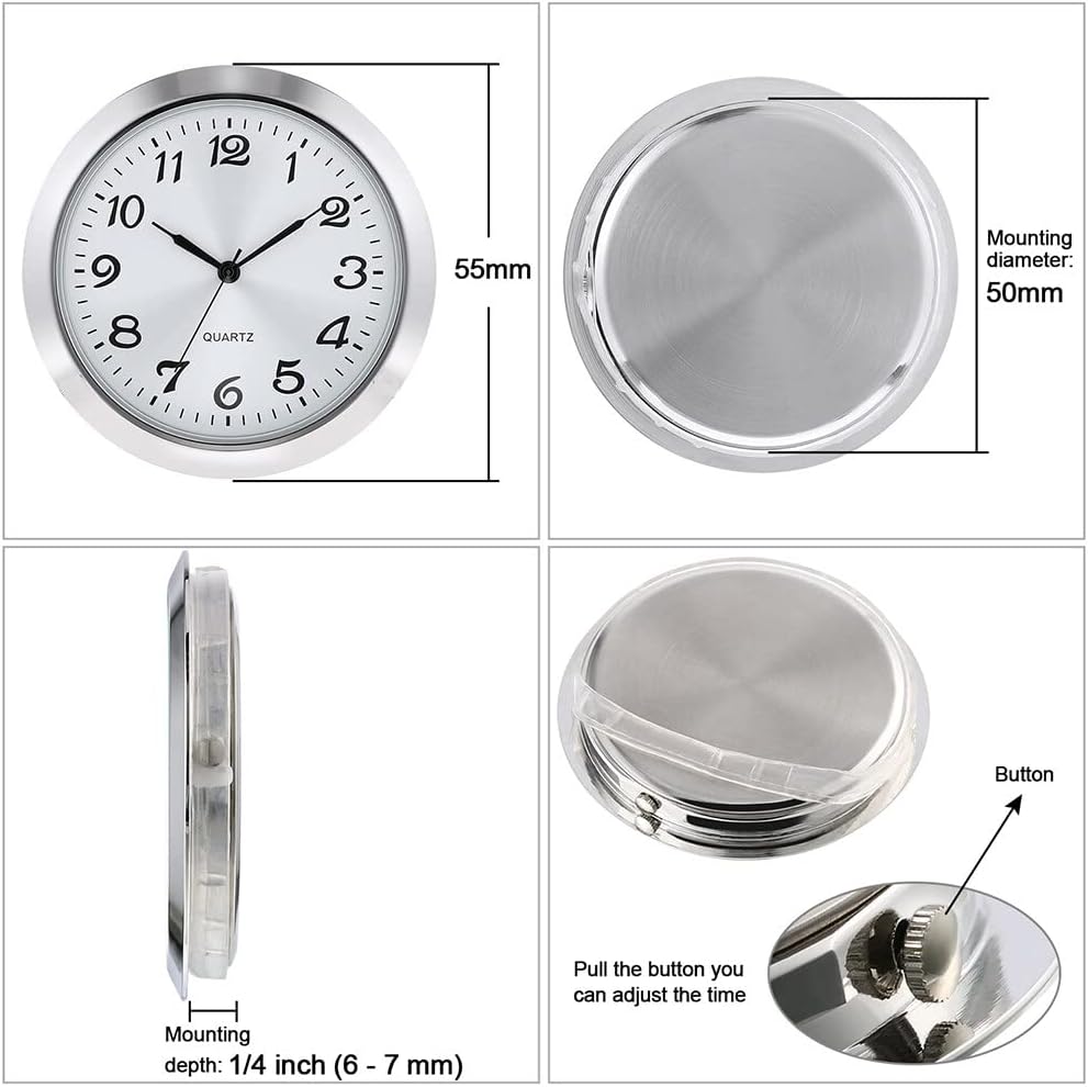 Eforcase Round Clock Insert 2.2 inch / 55mm Quartz Movement Arabic Numeral Silver Trim Quartz Clock Insert