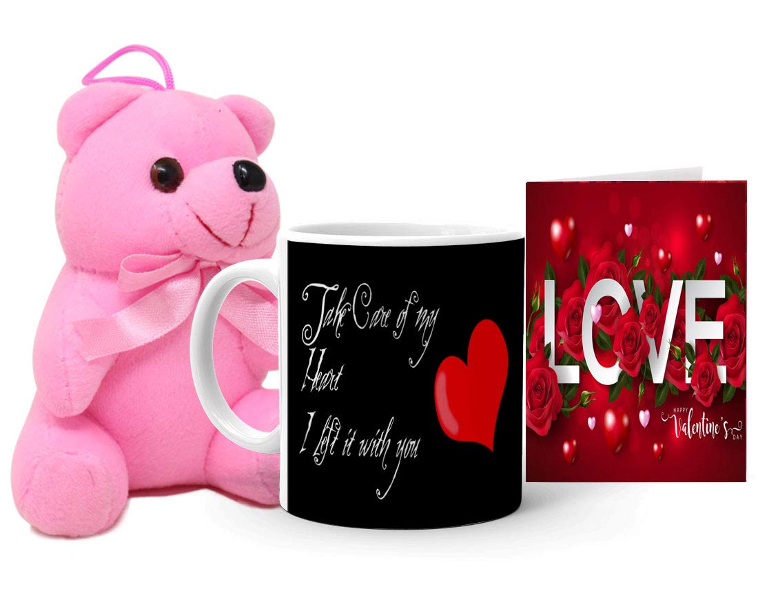 Khakee Takecare of My Heart I Left It with You Printed Coffee Mug(325 ml) (TPP20love-343) with Small Teddy Bear Gift for Valentines Day,Anniversery,Birthday