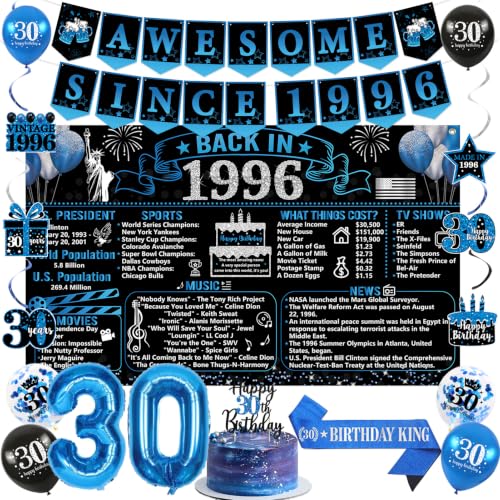 Trgowaul 30th Birthday Decorations for Men 20PCS Black Blue Back in 1996 Birthday Party Supplies Blue Vintage Banner Sash 30th Cake Topper Latex Balloon 30 Year Old Set