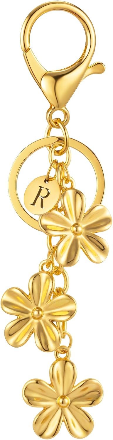 XGALBLA Gold/Silver Initial Keychain Flower Charms for Key Cute Letter Keyring for Purse Handbag Backpack