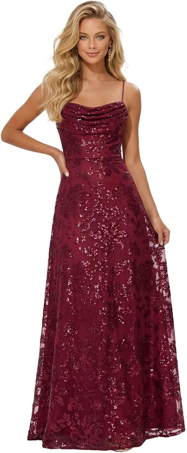 Lace Sequins Prom Dress 2026 for Women Long Cowl Neck Spaghetti Straps Pleated A-Line Formal Evening Ball Gown
