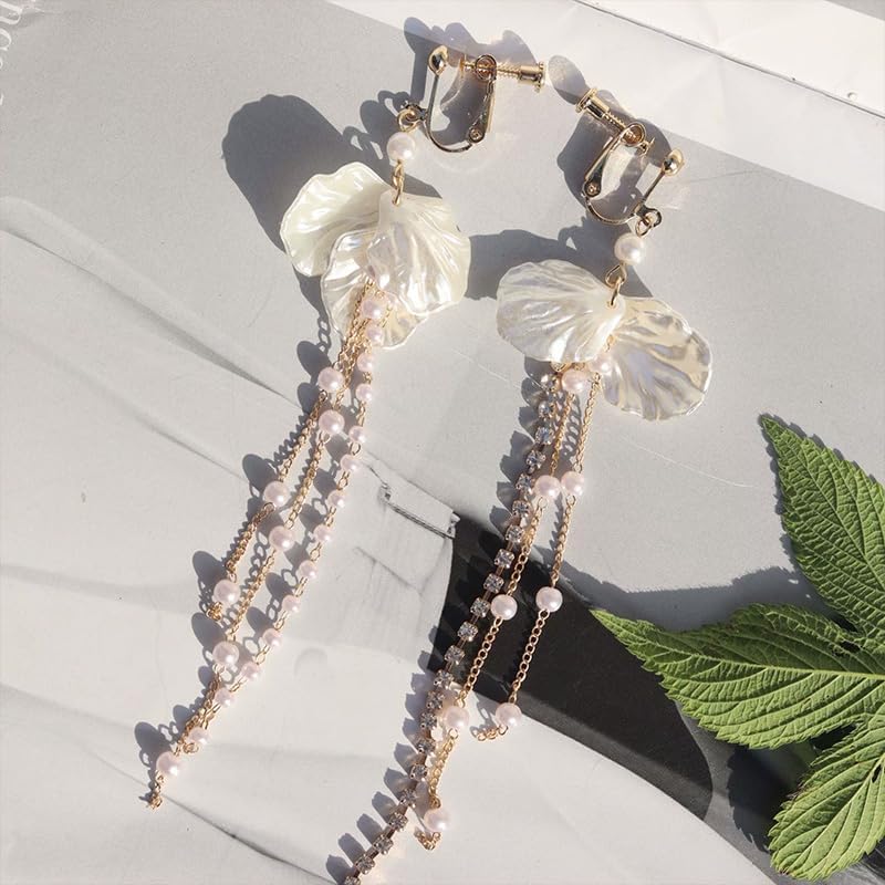 Dainty Long Pearl Drop Clip On Earrings for Women Dangly Gold Rhinestone and White Pearls Tassel Shell Flower Dangle Earring Dangling Trendy Jewelry - Image 3