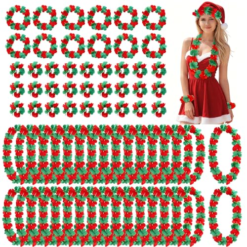 BOARDFEB Christmas Leis Bulk 100 Pcs Red and Green Leis Set Hawaiian Luau Flower Necklaces Headbands Bracelets Tropical Jewelry Favors for July Christmas Party Luau Beach Decorations
