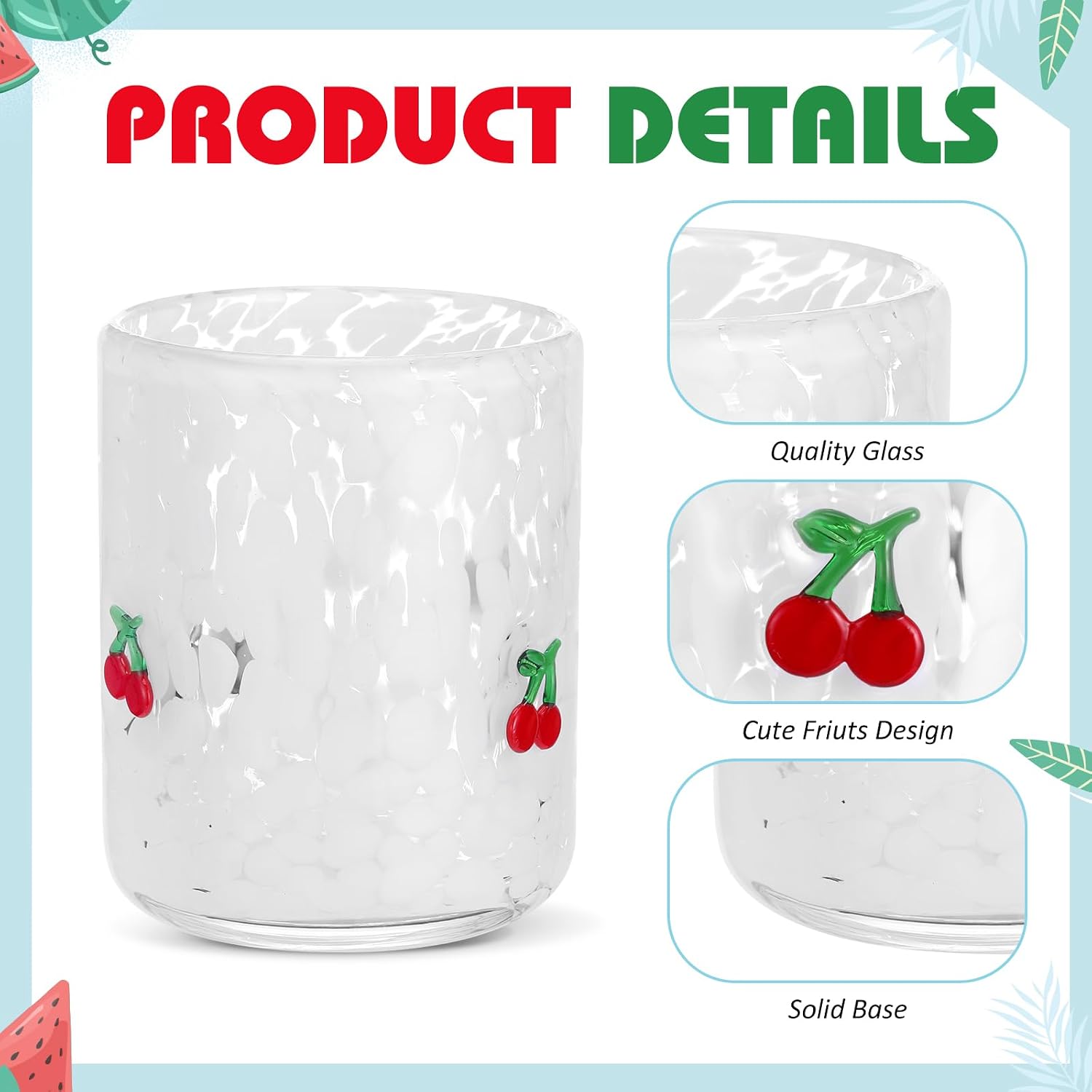 SiliFine 4 Pack Fruit Icon Juice Glasses Set - 14 oz Cherry, Watermelon, Strawberry, Lemon Stemless Glass Cup for Coffee Wine Cocktail Drinking - Summer Birthday Holiday Party Supplies & Ideal Gift
