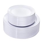 KIRE 60PCS White Disposable Plates - Heavy Duty White Plastic Plates for Party/Wedding - Include 30Pieces 10.25inch Dinner Plates and 30Pieces 7.5inch Dessert/Salad Plates