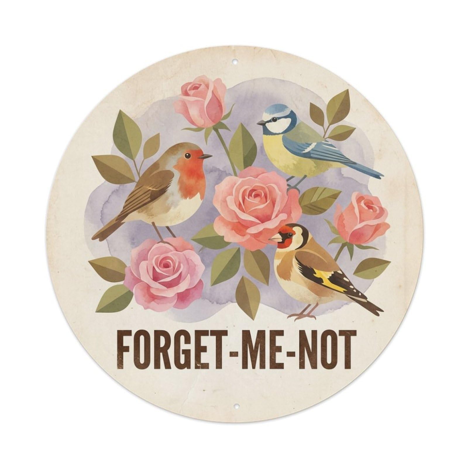 Rose Sprig Forget Me Not Soft Watercolor Bird Slogan Metal Tin Sign