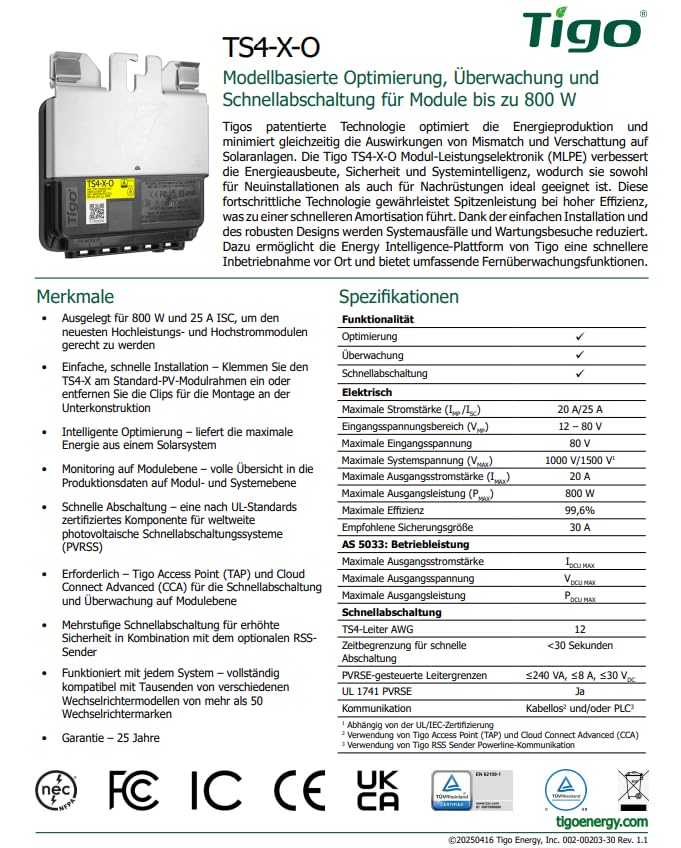 Tigo Energy TS4-X-O MC4 800W 20A ottimizzatore Ottimizzatore per prestazioni fotovoltaiche