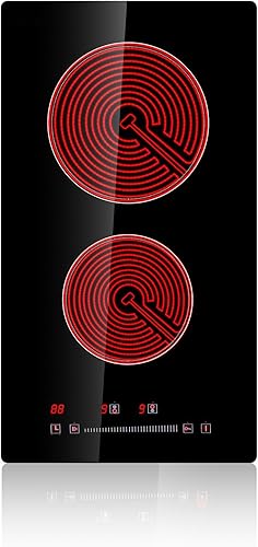 Estufa eléctrica, 20 x 11.6 pulgadas, 2 quemadores, placa de cocina radiante de vidrio de 240 V con control táctil de sensor, temporizador y bloqueo