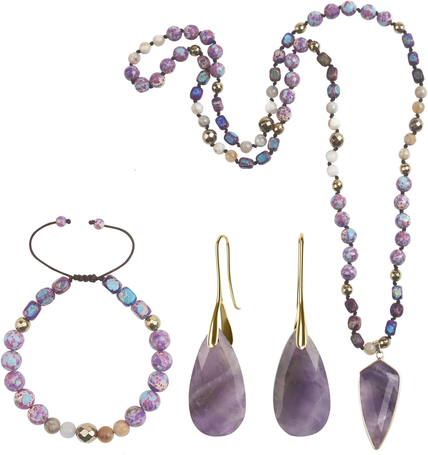 Boho Jewelry Sets for Women | 3 Pcs Natural Amethyst Labradorite Rose Quartz Beaded Long Necklace Wrap Bracelet Dangle Earrings Handmade Vintage