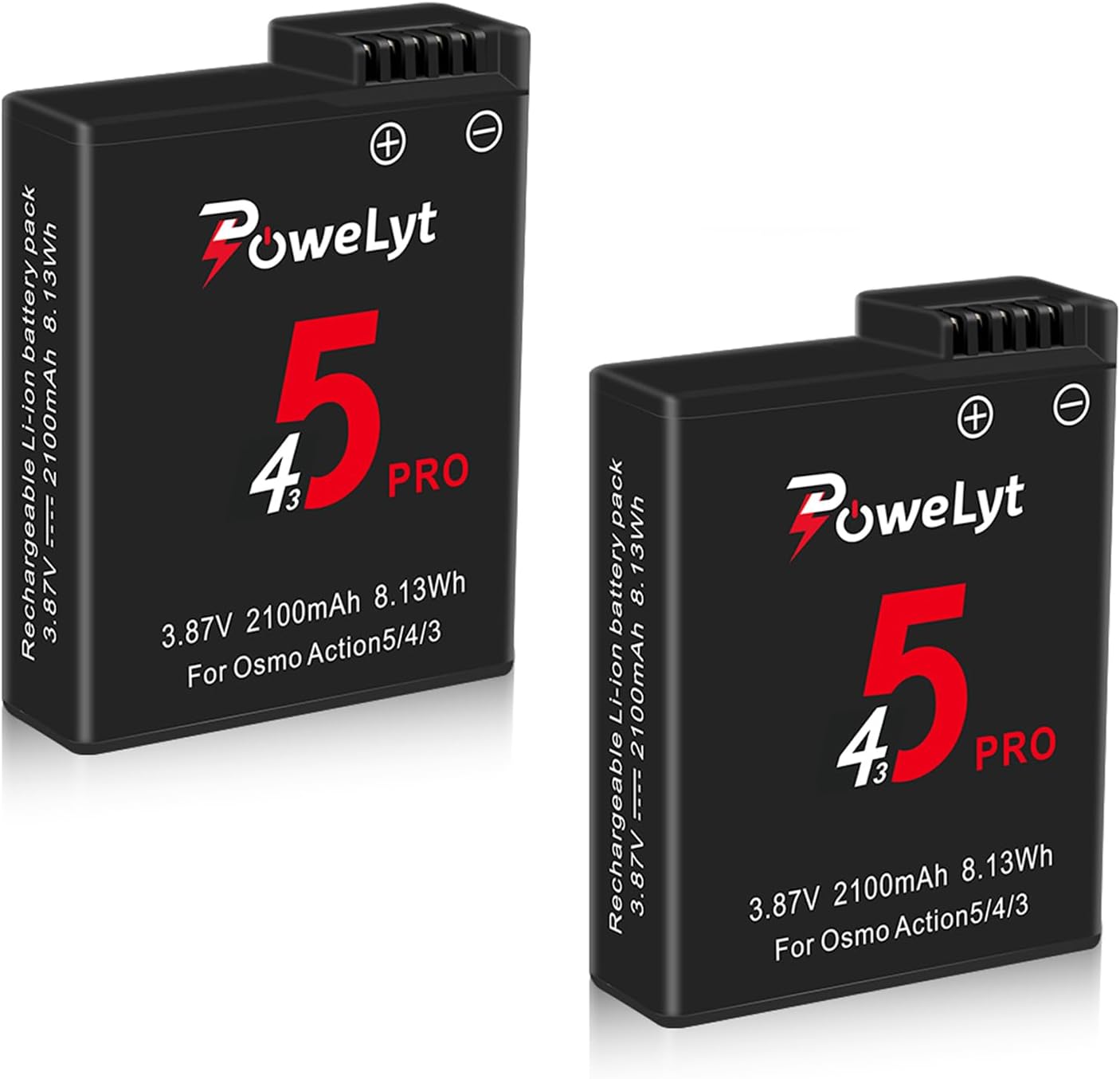 PoweLyt 2個パック Osmo Action 5 Pro/4/3 バッテリー 2100mAh 容量 Osmo Action 5 Proバッテリーは最大240分のバッテリー寿命をサポート DJI Osmo Action 5 Pro、Osmo Action 4、Osmo Action 3に対応