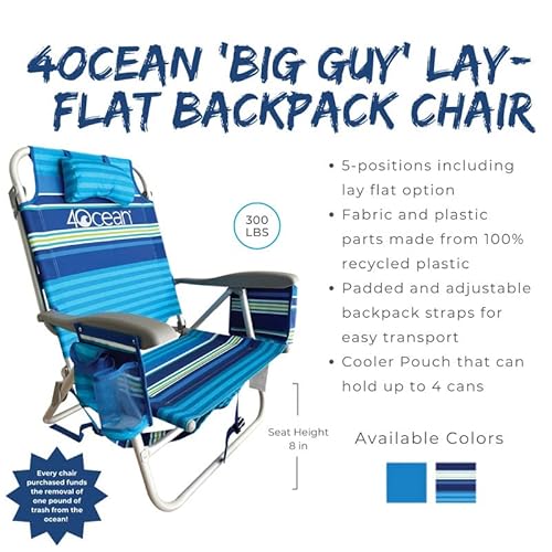 4Ocean Oversized Lay Flat Backpack Beach Chair | 300 Lb Capacity | Foldable And Transportable | Rust-Proof Aluminum Frame | Reclining Positions | Cup And Cell Phone Holder | Cooler Pouch #TOP4