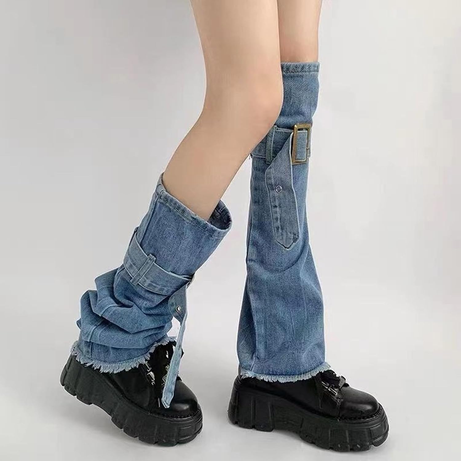 Fashion Distressed Denims Leg Covers Vintage Buckled Strap Punk Jeans Flared Long Socks Warmers for Women Polyester