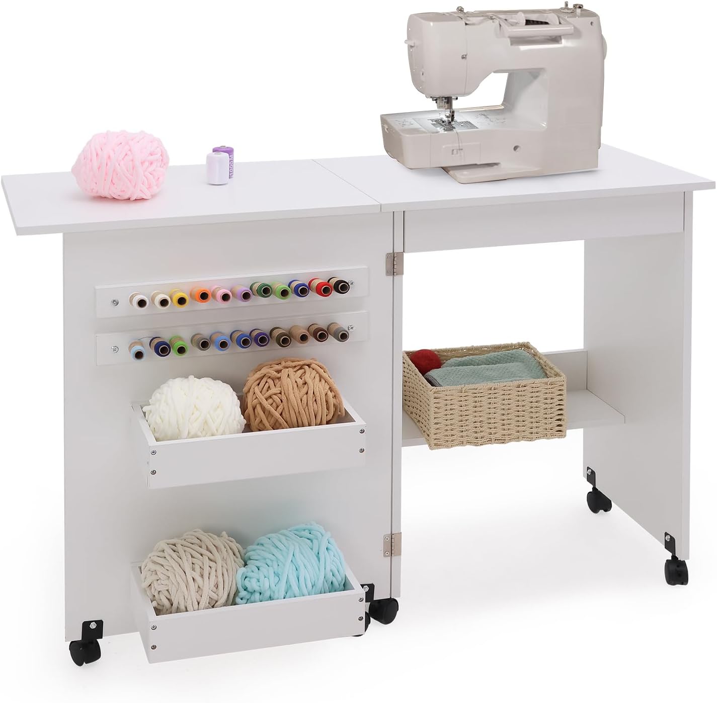 walsport Folding Sewing Table Multipurpose Craft Station & Side Desk with Compact Design, Wheels with Locks,(White)