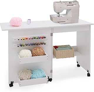 walsport Folding Sewing Table Multipurpose Craft Station & Side Desk with Compact Design, Wheels with Locks,(White)